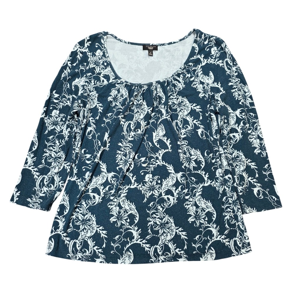 Talbots Petites 3/4 Sleeve Top Women's Size SP Teal Blue White Floral Damask